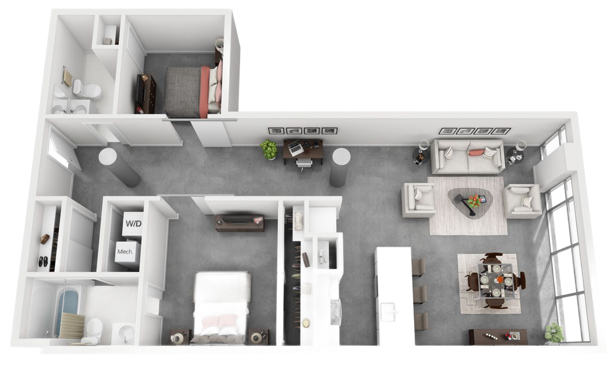 2 bedroom floorplan with concrete floors and high ceilings