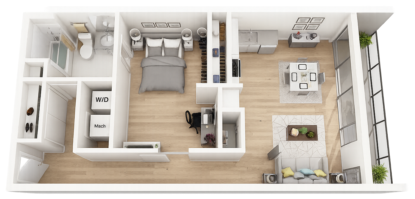 Floor plan of a modern apartment with a bedroom, bathroom, kitchen, dining area, and living space.