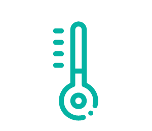 A green thermometer icon on a white background.