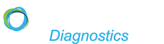 A blue and green logo for diagnostics with a circle in the middle.