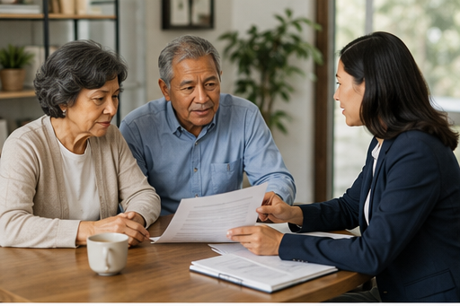Three people discussing documents at a table in a bright office meeting room