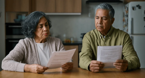 Two people at a table reading papers, with serious expressions in a kitchen setting.