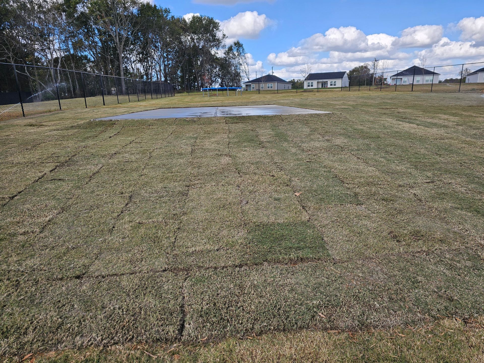 A field of grass with a puddle in the middle of it.