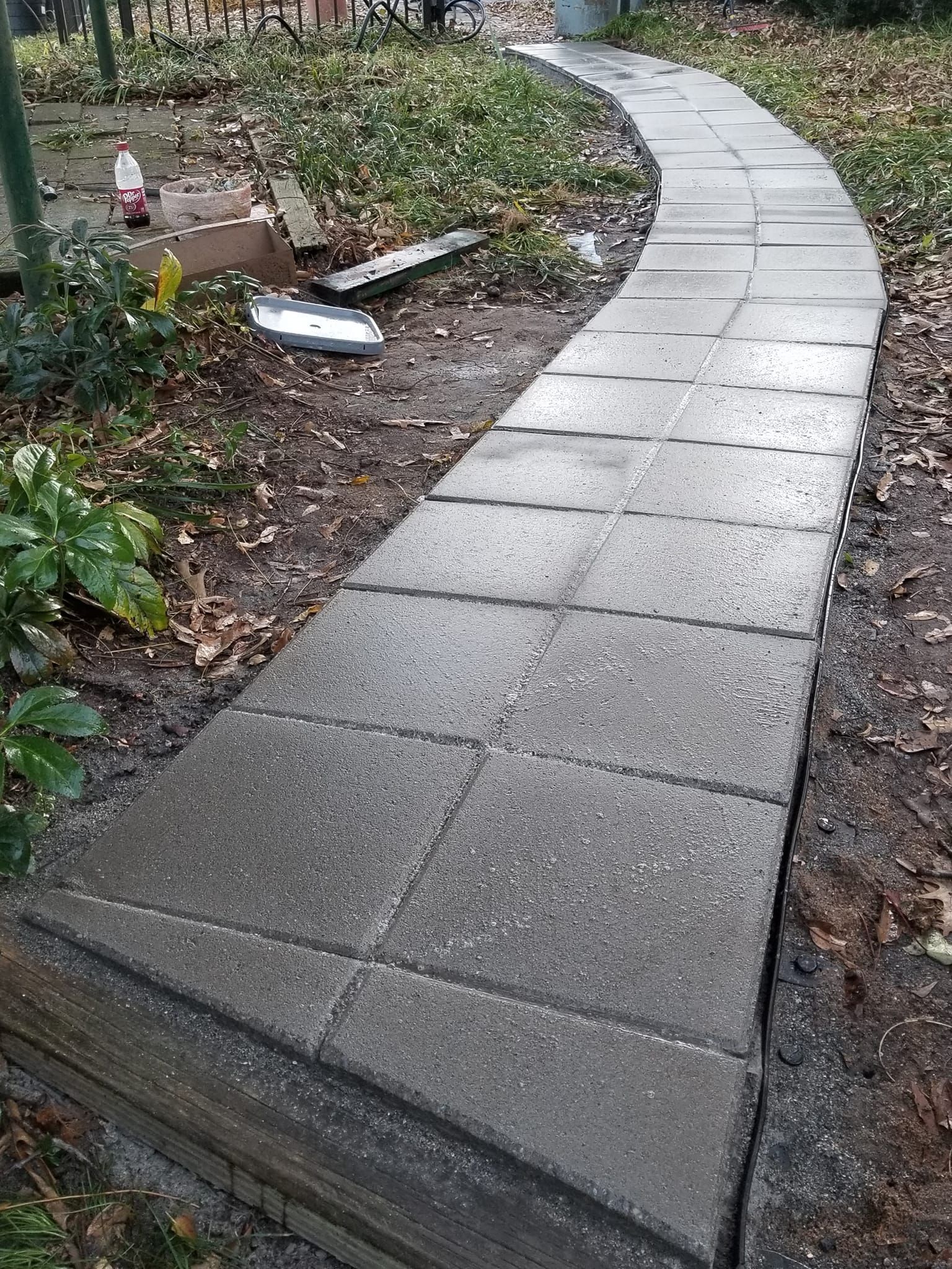A brick walkway is going through a garden.