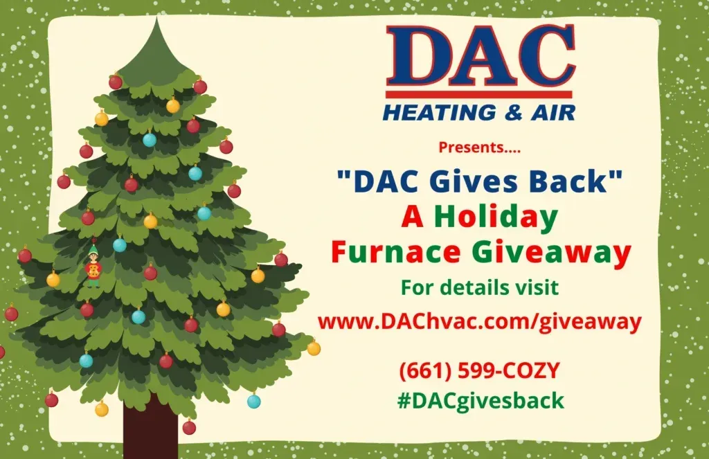 A dac heating and air advertisement with a christmas tree on it