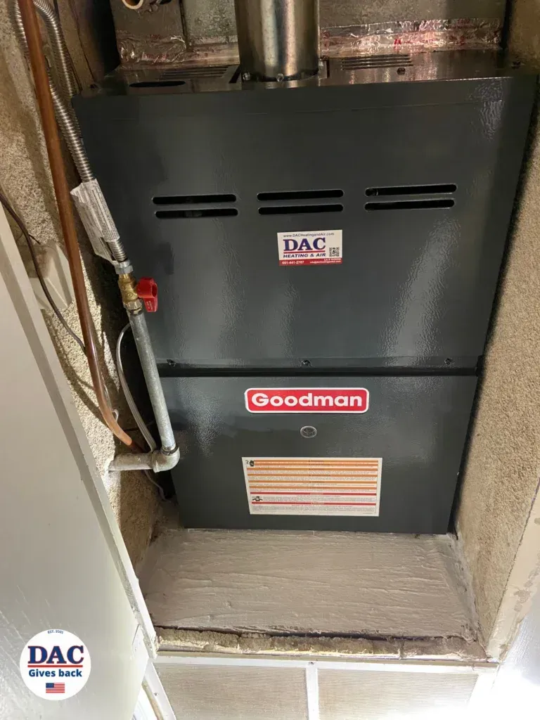A goodman gas furnace is installed in a room.