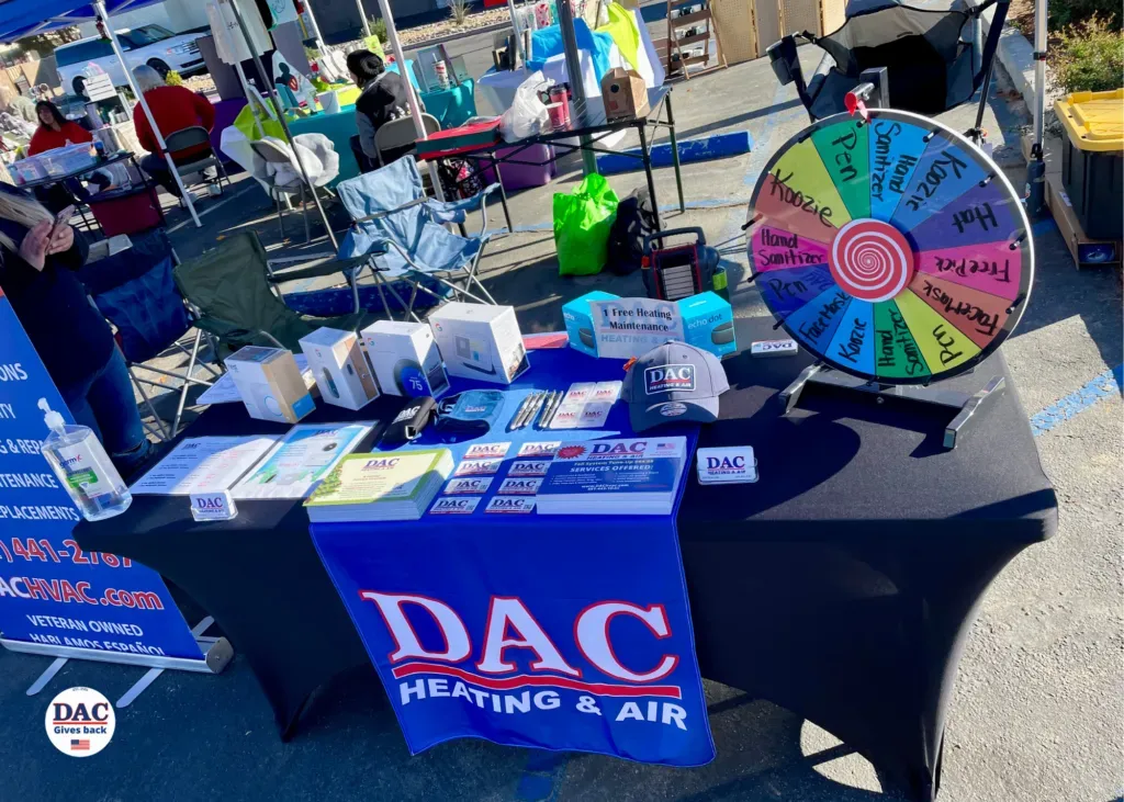 A table with a sign that says dac heating and air