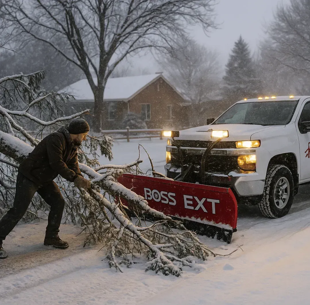 A man is holding a shovel in front of a snow plow.