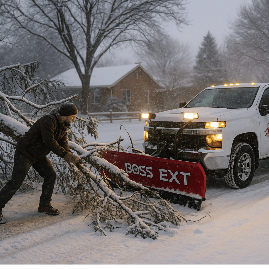 RedStone snow plow truck clearing fresh snowfall from a commercial parking lot during a winter storm in South Salt Lake, Utah.