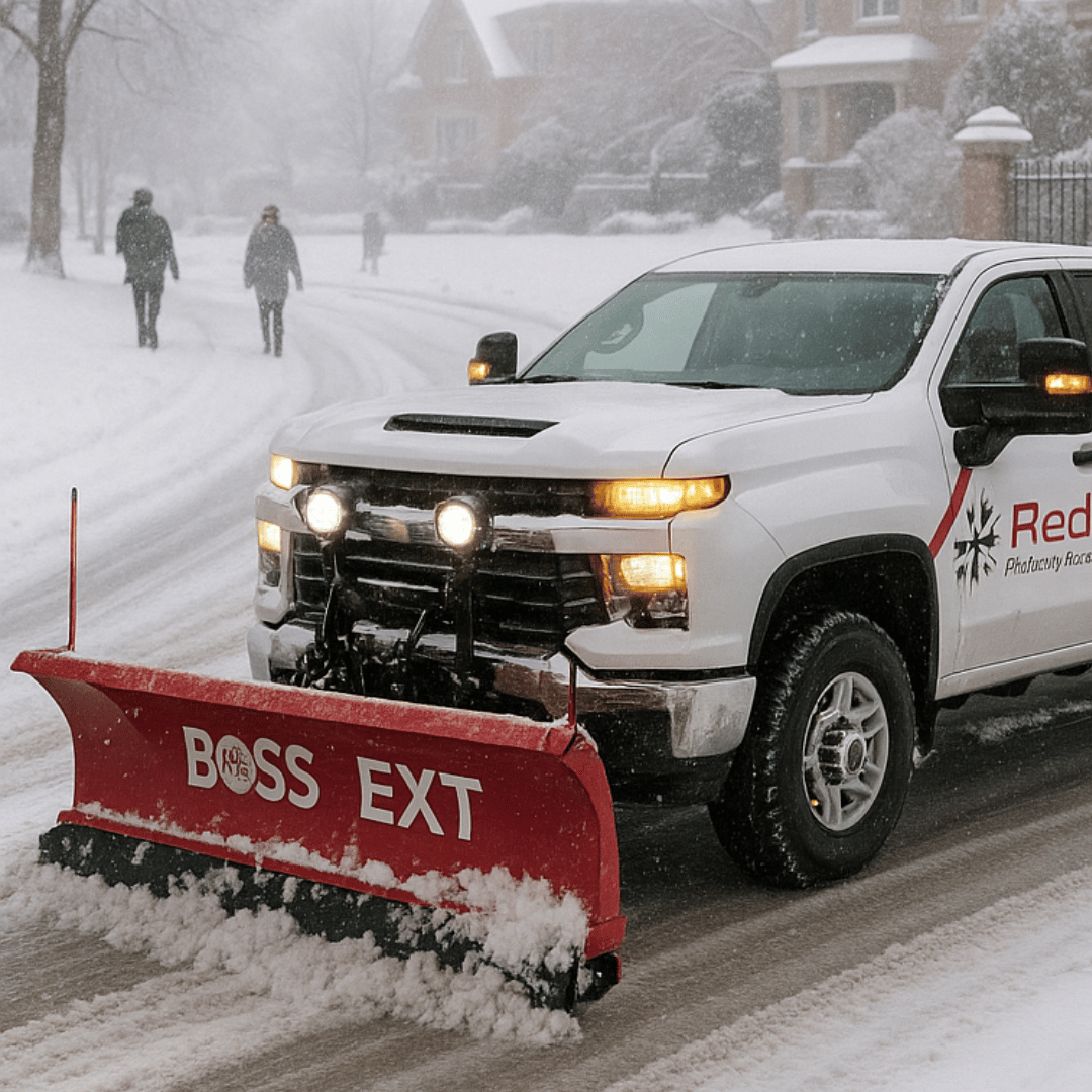 A Redstone white truck with a red plow clearing the snow.