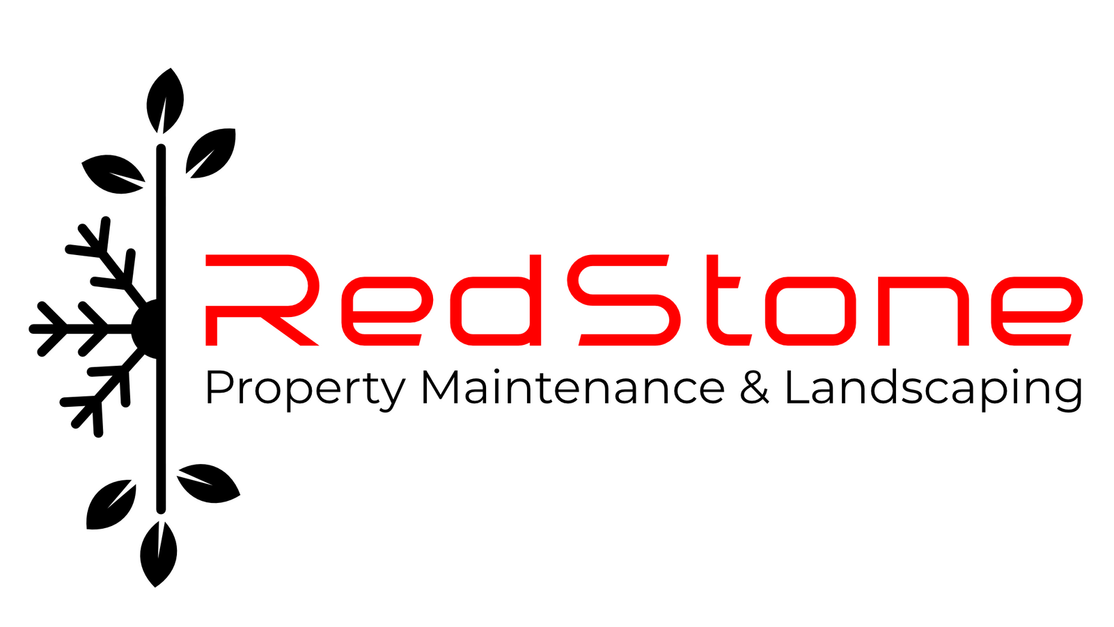 Logo for RedStone Property Maintenance & Landscaping, featuring a red company name beside a graphic with leaves and a snowflake element.