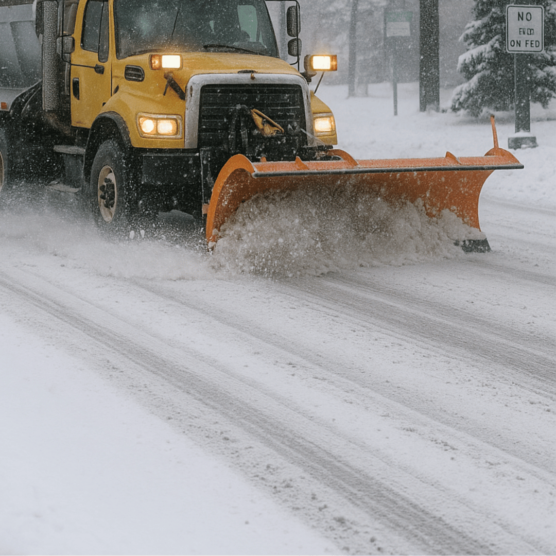 Yellow snowplow clearing snow from a road on a snowy day.