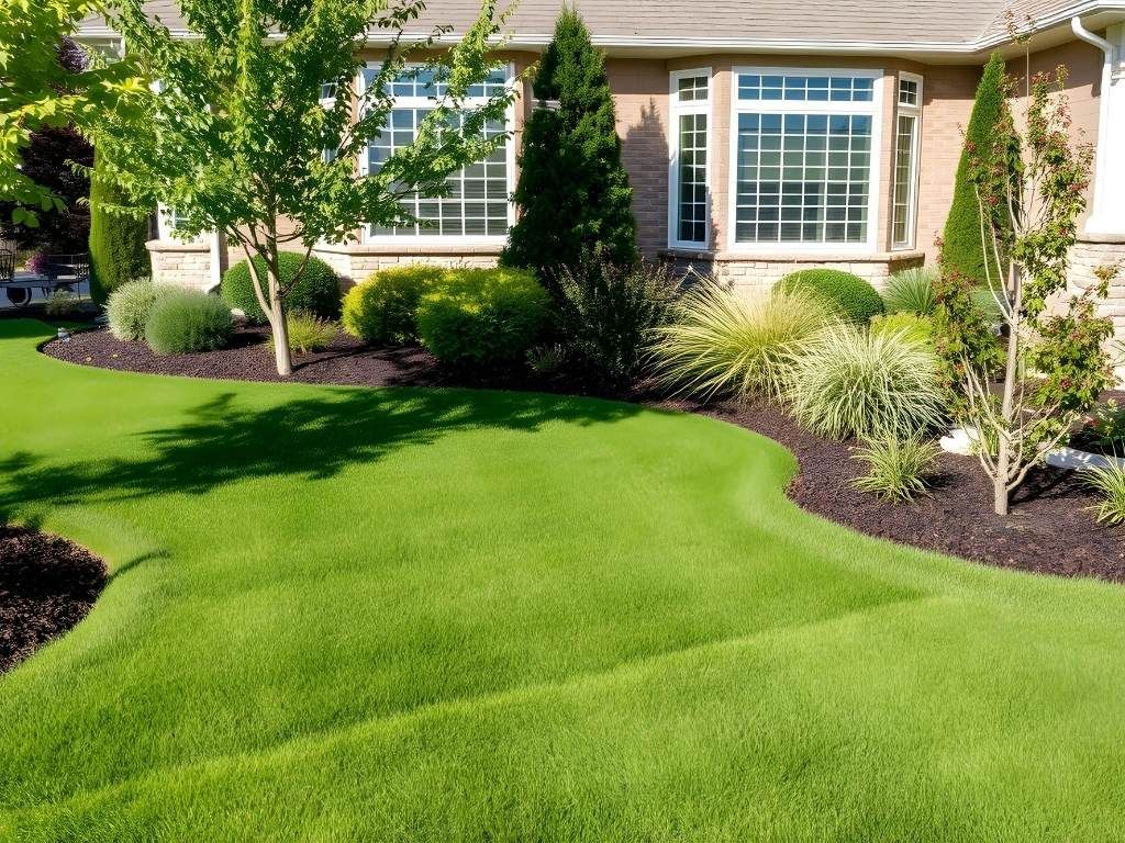 Lush green lawn in front of a brick house with manicured landscaping and a bay window. Concept by Redstone.