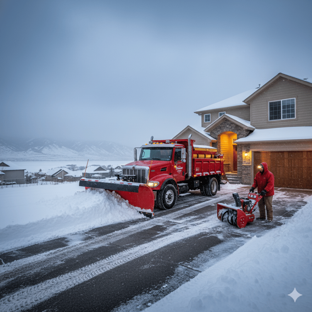 Snowblower clearing a snow-covered street at night, with streetlights and cars in the background. Service provided by Redstone.