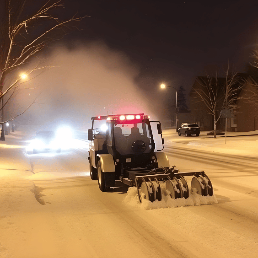 Snowblower clearing a snow-covered street at night, with streetlights and cars in the background. Service provided by Redstone.