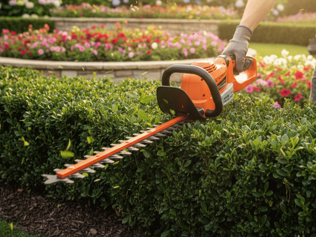 Professional hedge trimming and landscape maintenance performed at a residential property in Centerville, Utah