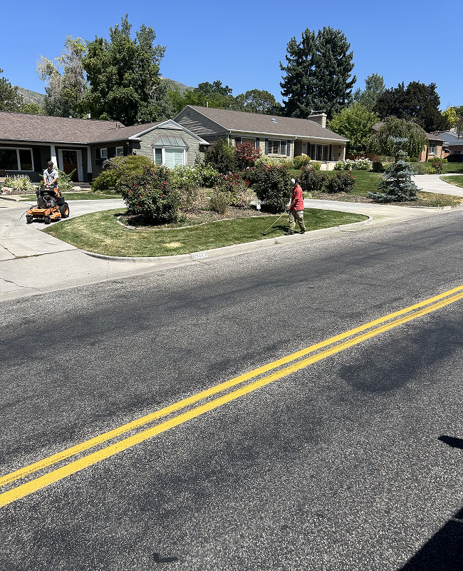 A man is mowing the grass on the side of the road
