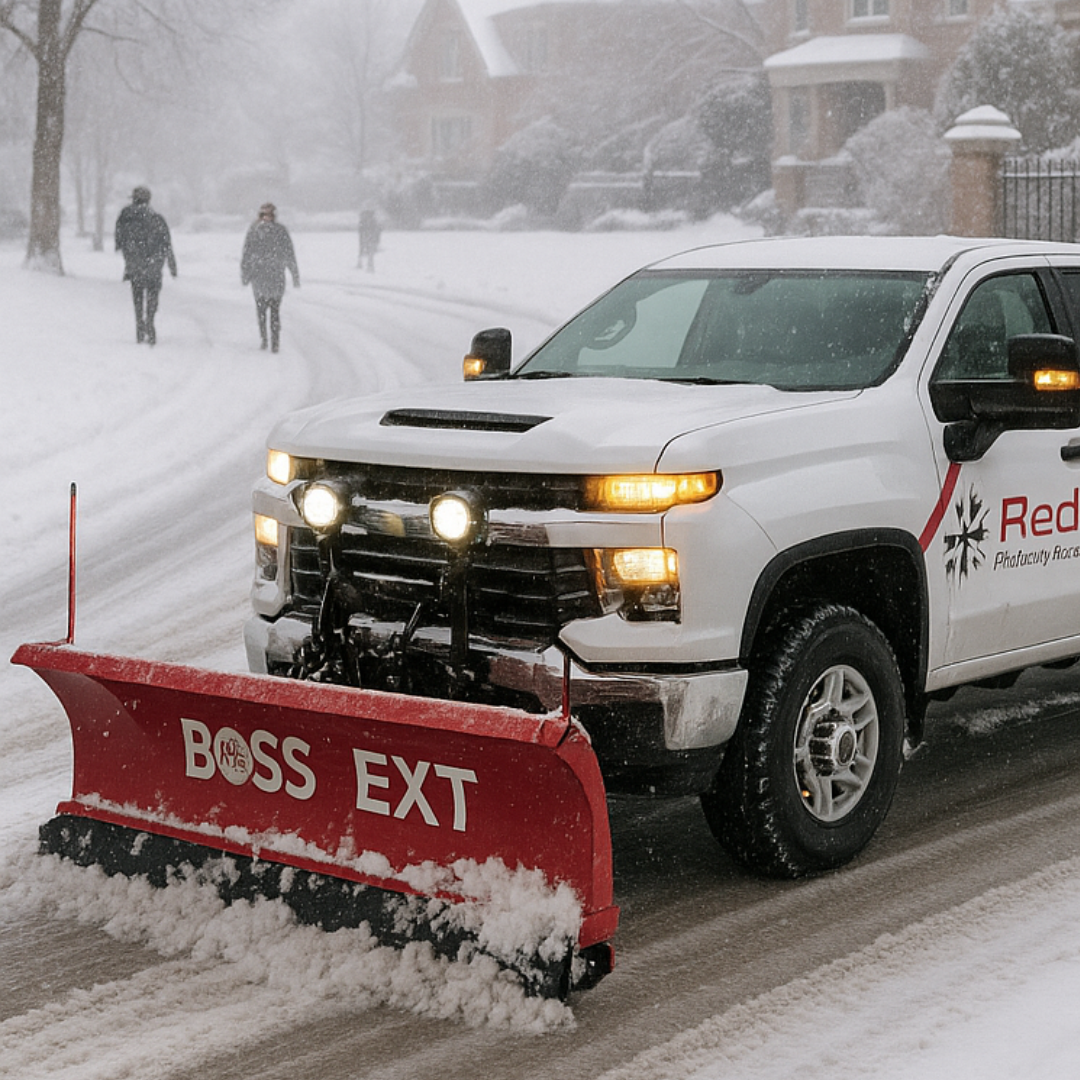 Snow removal service in Bountiful Utah with plow truck clearing residential street during winter storm