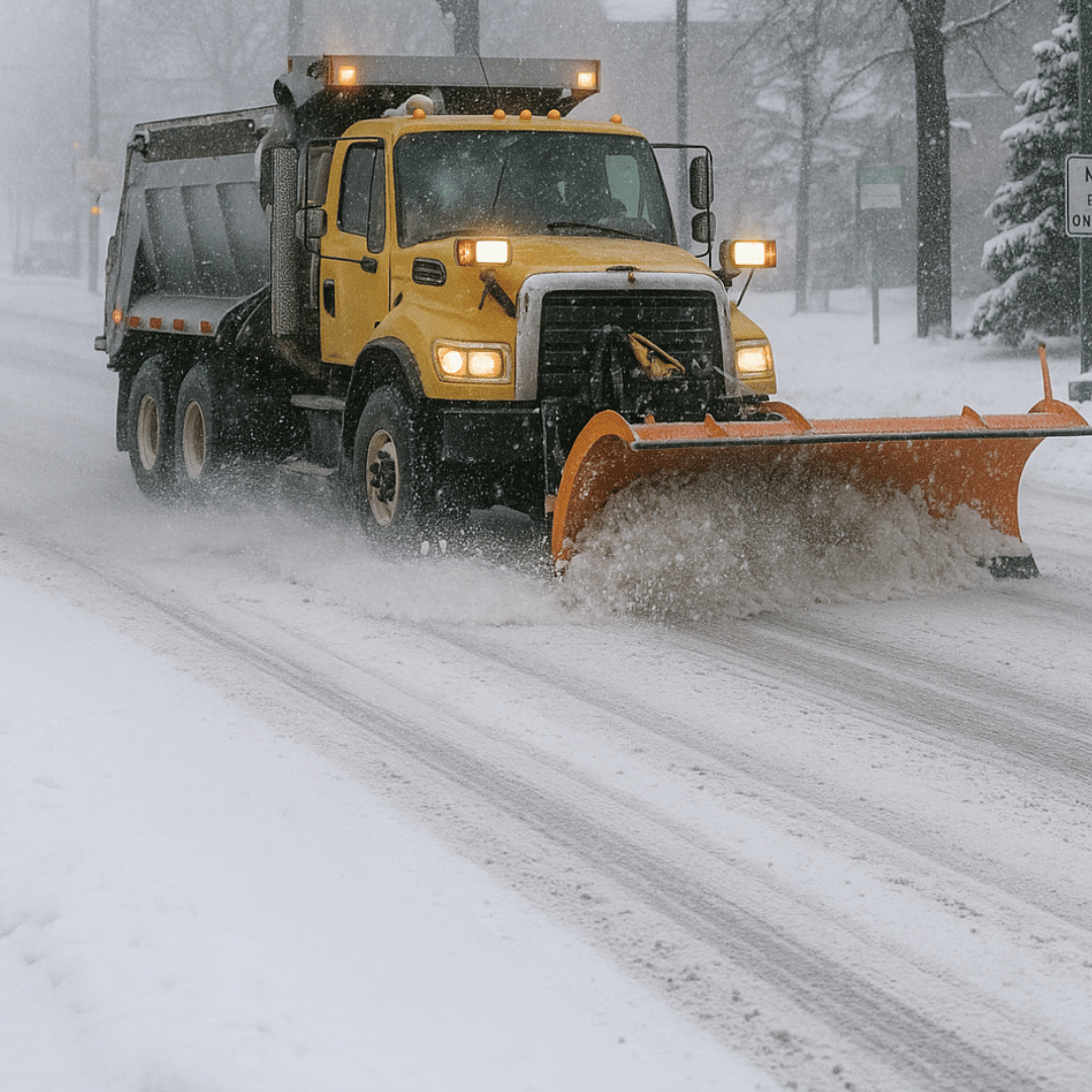 Commercial snow plow truck clearing a snowy road for snow removal services in Woods Cross, Utah