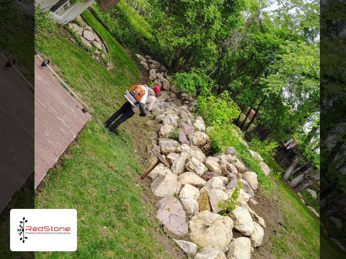 Yard cleanup and landscape maintenance on sloped property with rock features in Bountiful Utah