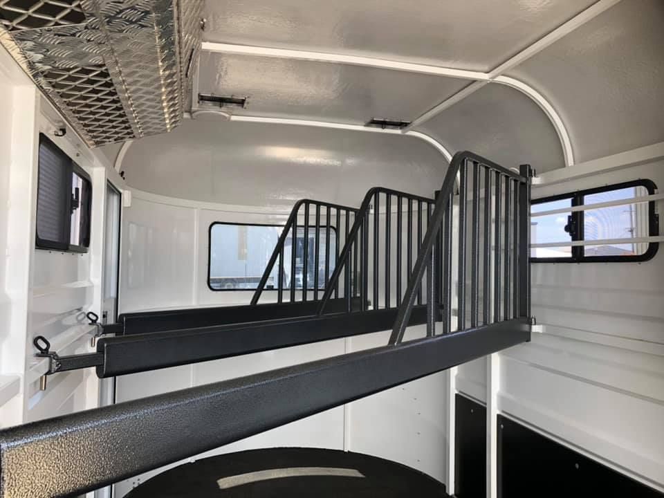 The Inside of a Horse Trailer With a Black Railing and Stairs — SNS Custom Fabrication in Maryborough, QLD