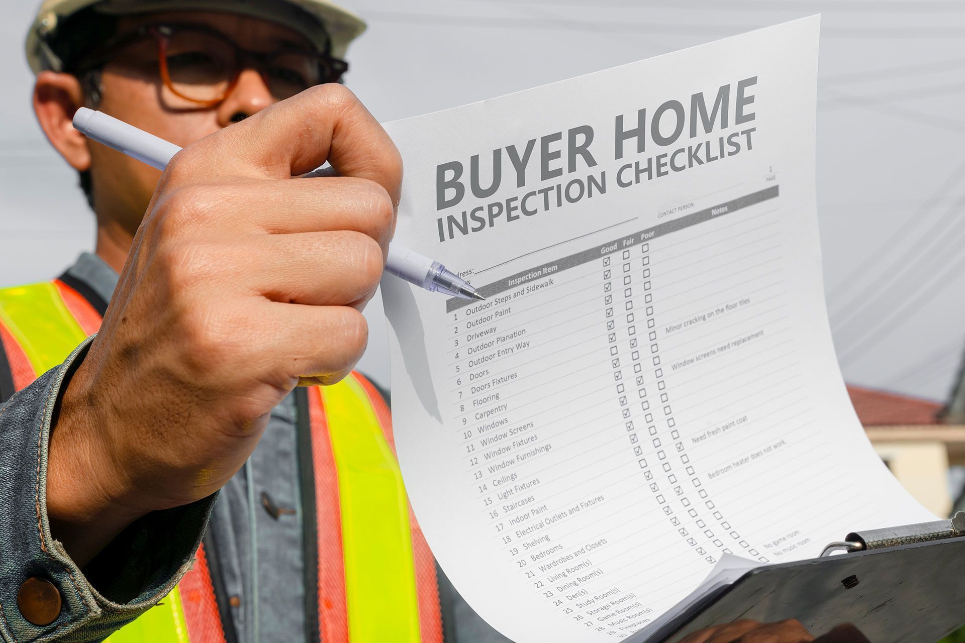 A construction worker is holding a buyer home inspection checklist.