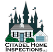 A logo for citadel home inspections llc with a castle in the background