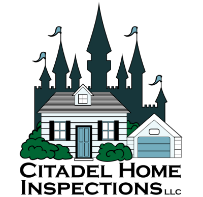 A logo for citadel home inspections llc with a castle in the background