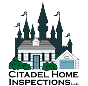 A logo for citadel home inspections llc with a castle in the background