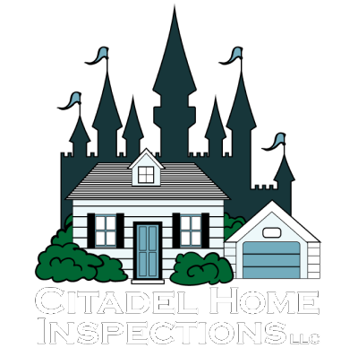 The logo for citadel home inspections shows a house with a castle in the background.