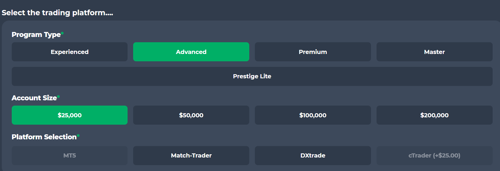 Funded Trading Plus: Steps to chose an account size.