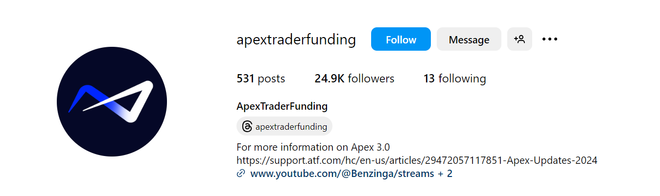 Apex Trader Funding Instagram page