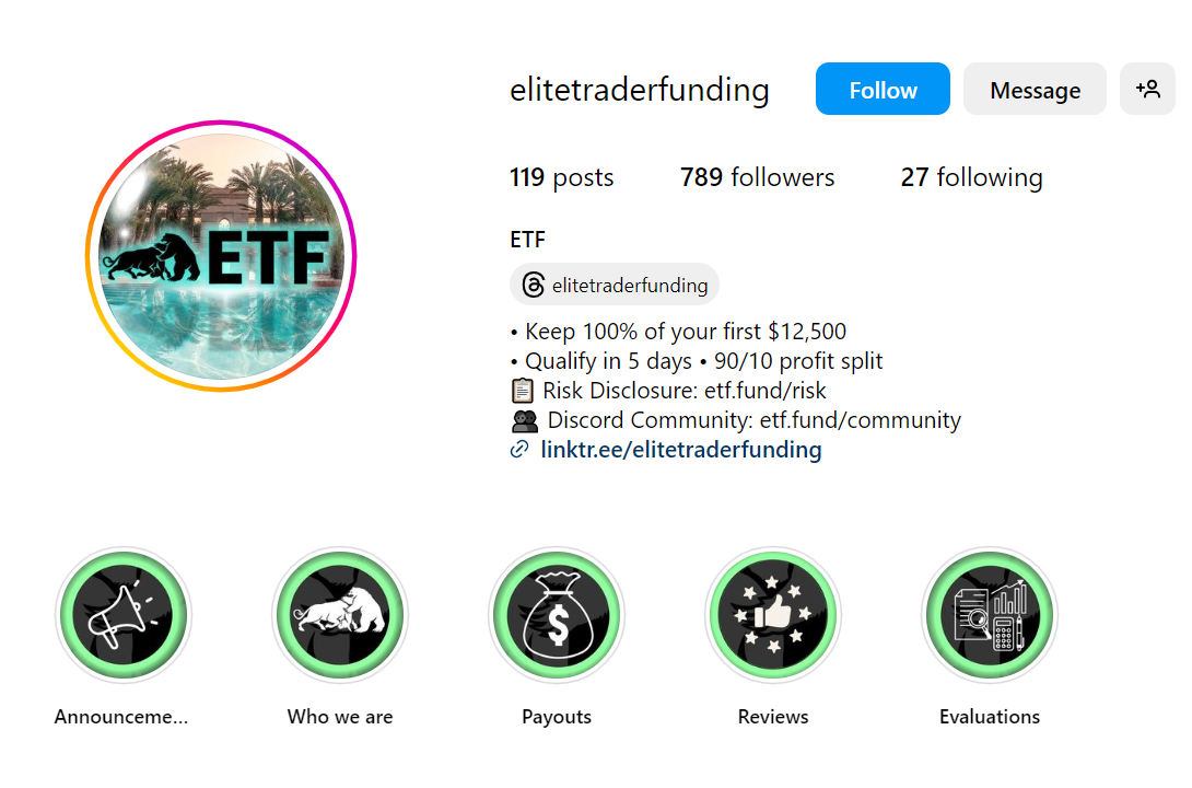 Elite Trader Funding Instagram Page