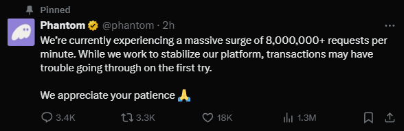 phantom wallet announcement of servers crashing during TRUMP and MELANIA crypto pumps