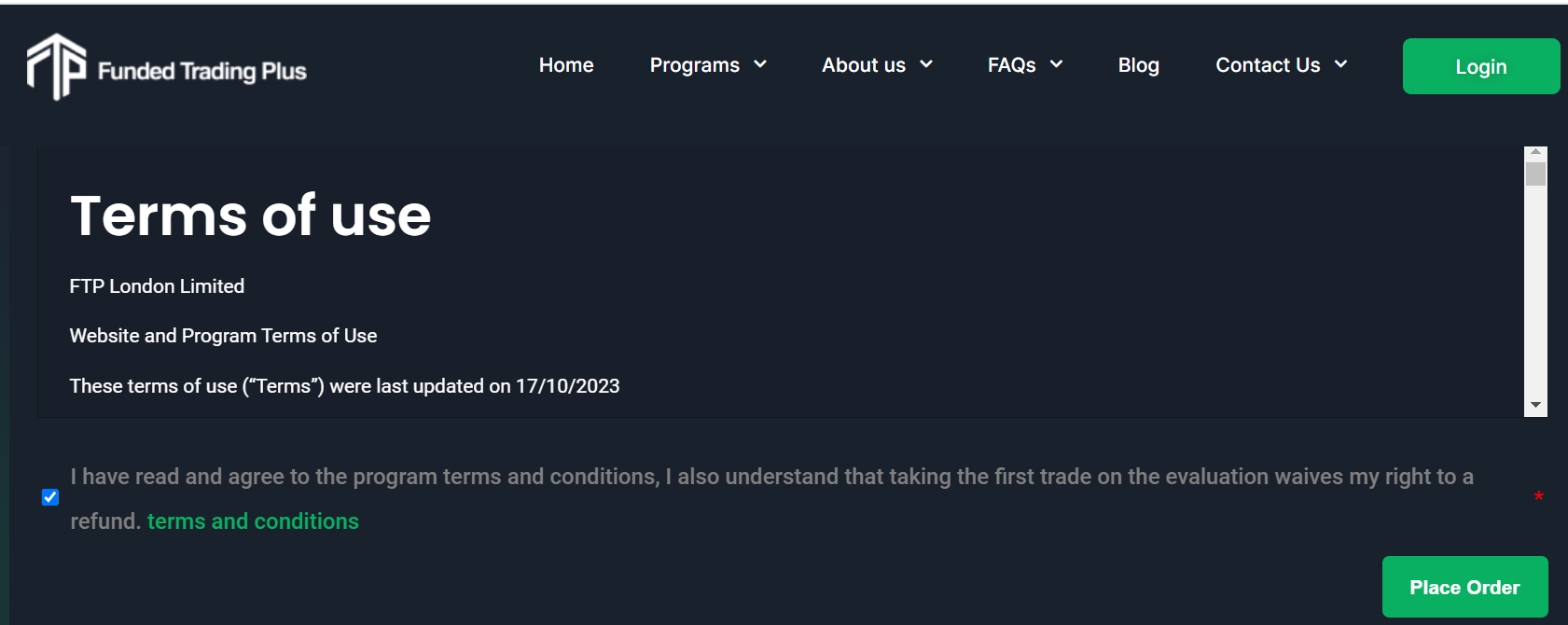 Funded Trading Plus screenshot of placing order.