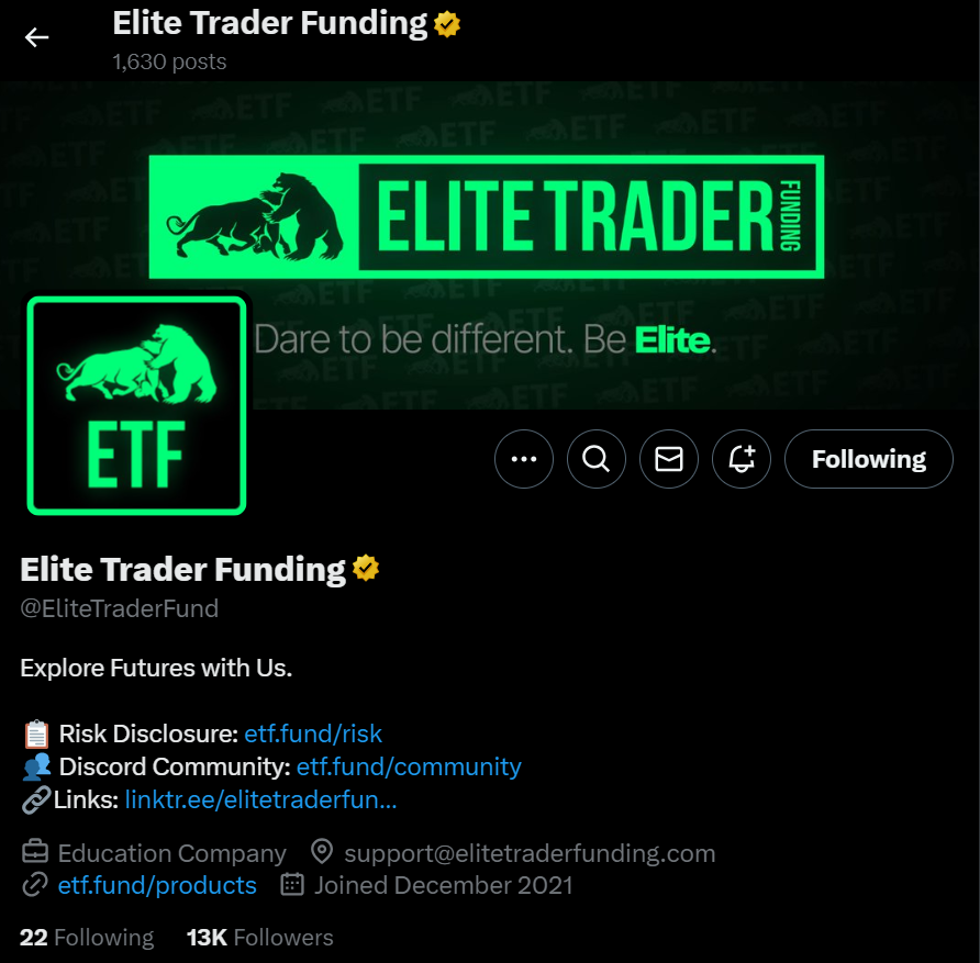 Elite Trader Funding Twitter page