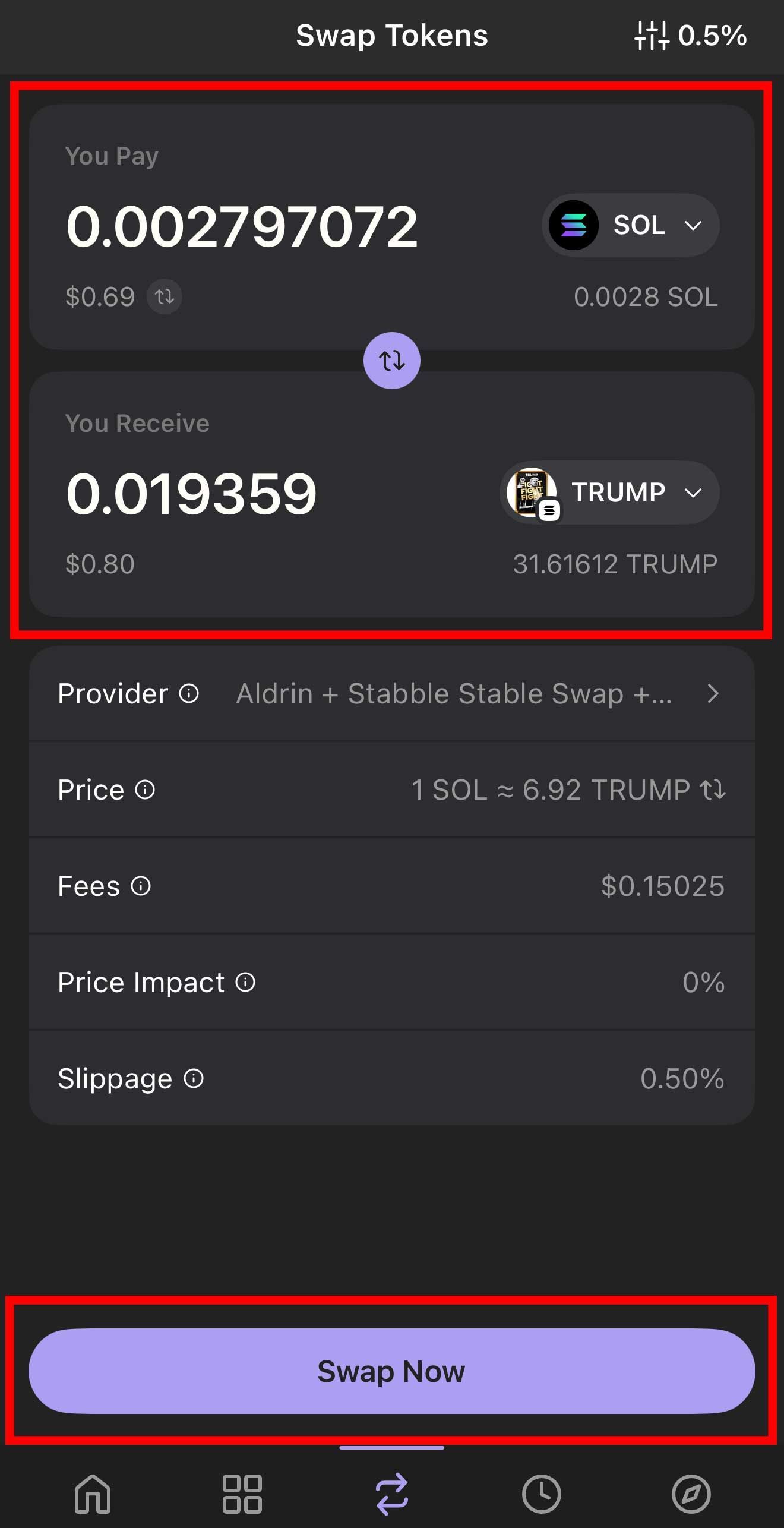 swapping solana crypto coins for official trump meme coin tokens