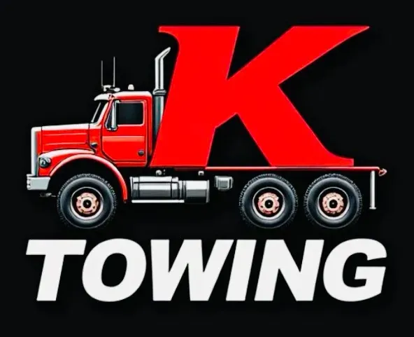 Red tow truck with large "K" logo, "K Towing" text on black background.
