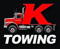 Red tow truck with large "K" logo, "K Towing" text on black background.