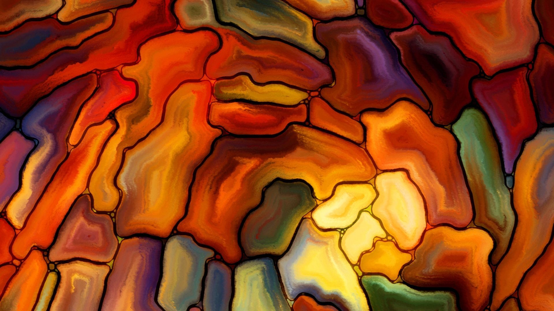 Abstract stained-glass-like pattern in warm orange, red, and yellow tones with dark outlines