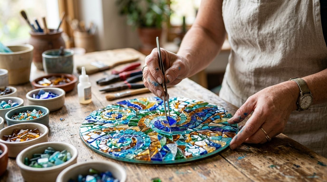 Person painting a colorful mosaic mandala on a wooden table with jars of paint nearby