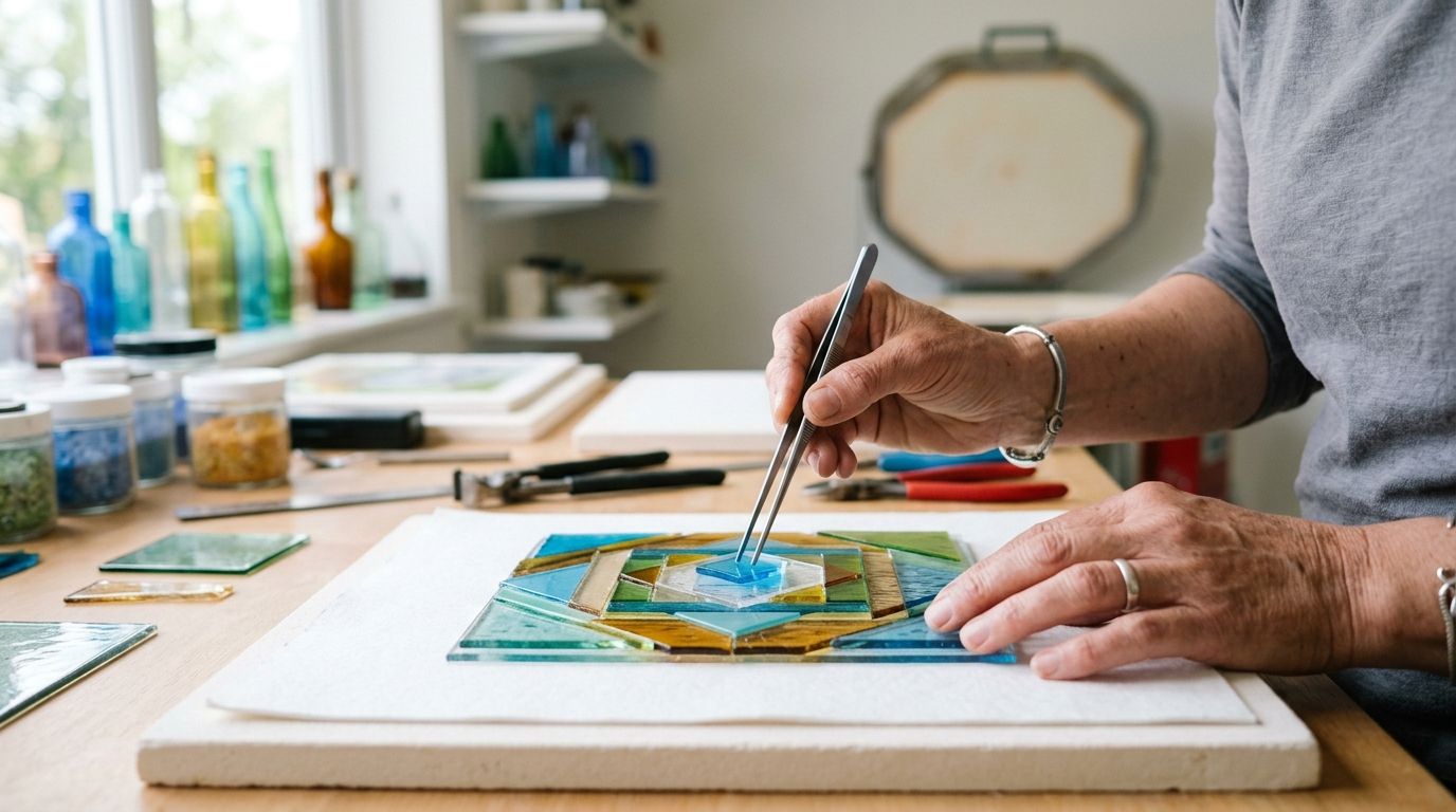 Hands painting a small canvas at a bright art table with colorful supplies nearby