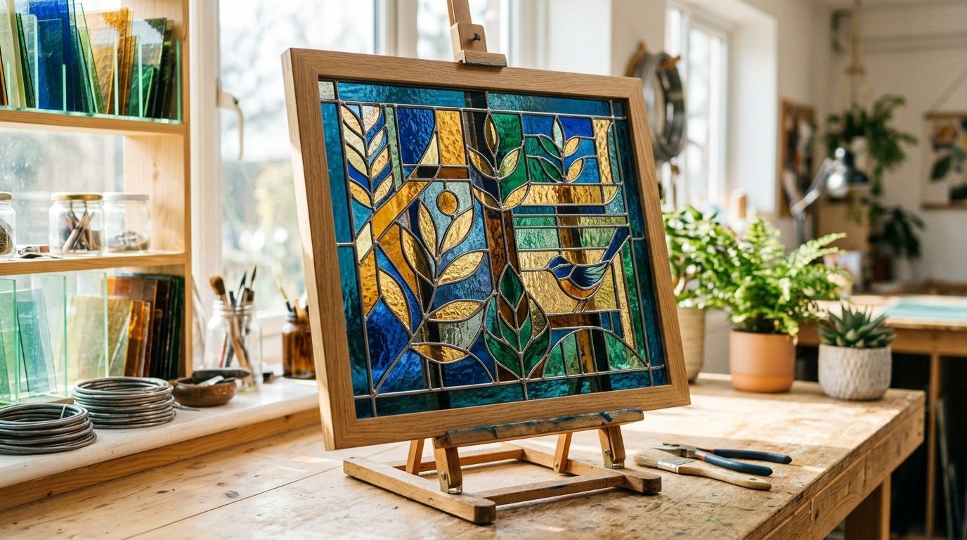Stained glass artwork on a wooden easel in a bright studio with plants and art supplies