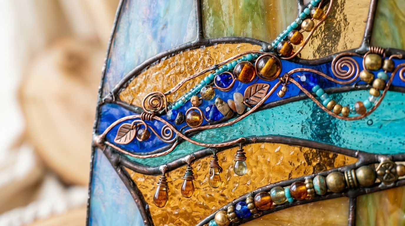 Close-up of a colorful mosaic bird sculpture with blue, gold, and beaded details
