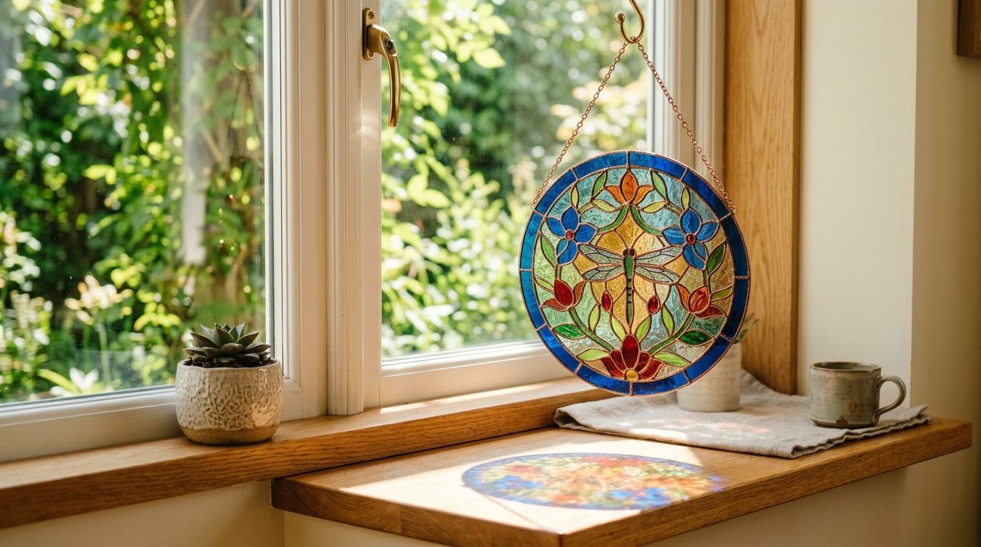 Decorative stained-glass sun catcher in a sunny window with a small plant and mug on the sill