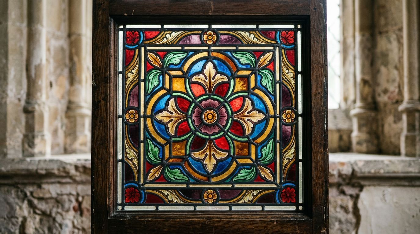 Colorful stained-glass floral window set in a stone wall