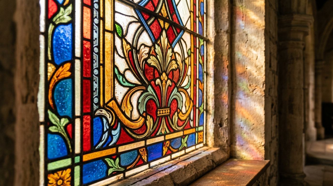 Colorful stained glass window with floral patterns casting warm light on a stone sill