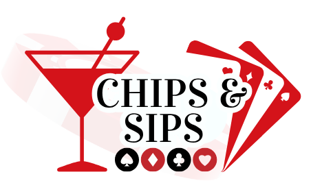 A logo for chips and sips with a martini glass and playing cards