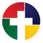 A colorful circle with a cross in the middle.