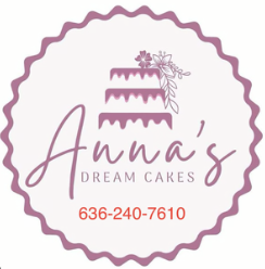 Anna's Dream Cakes logo: Pink scalloped circle with cake graphic, script